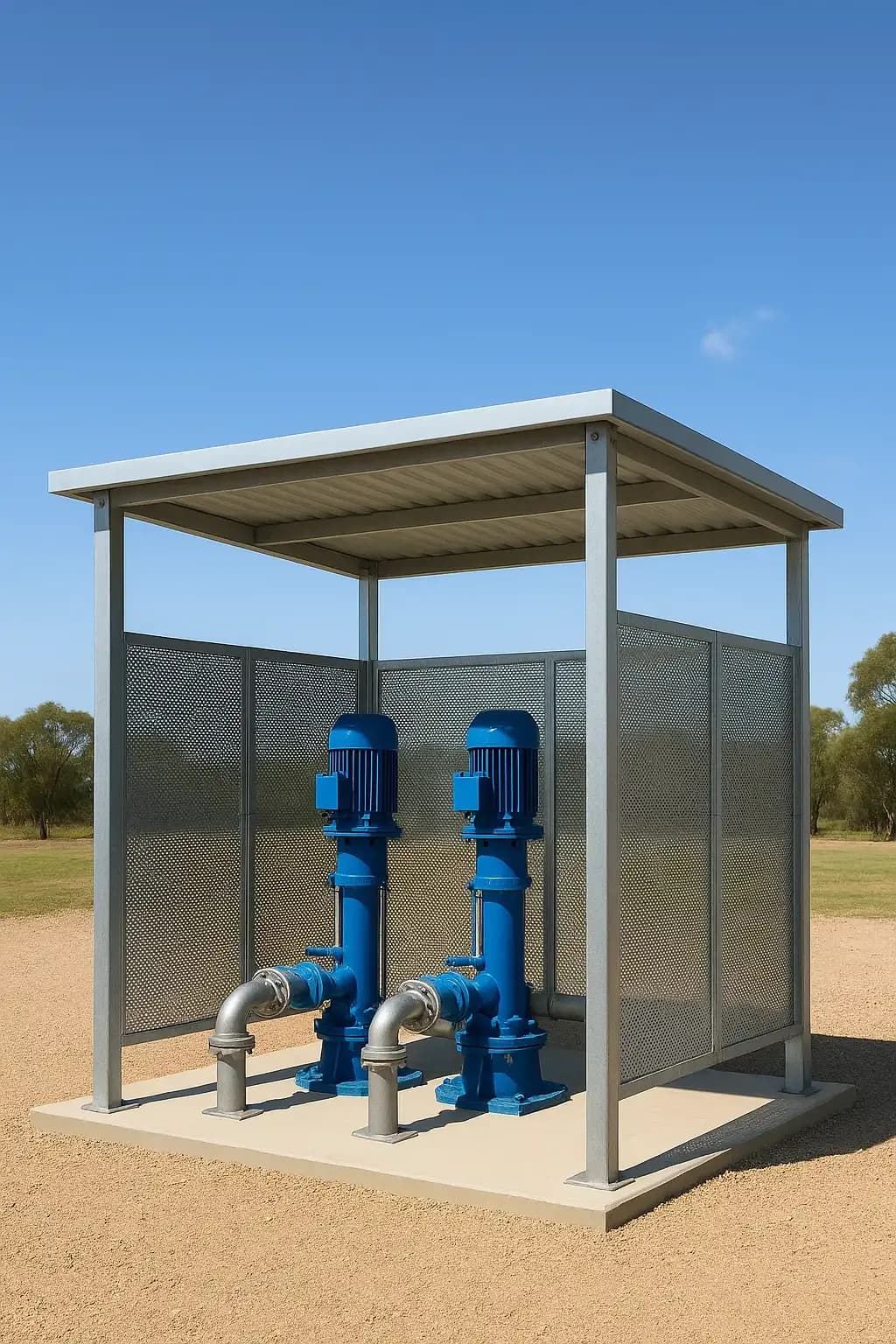 Pump station anchored using galvanised steel footings