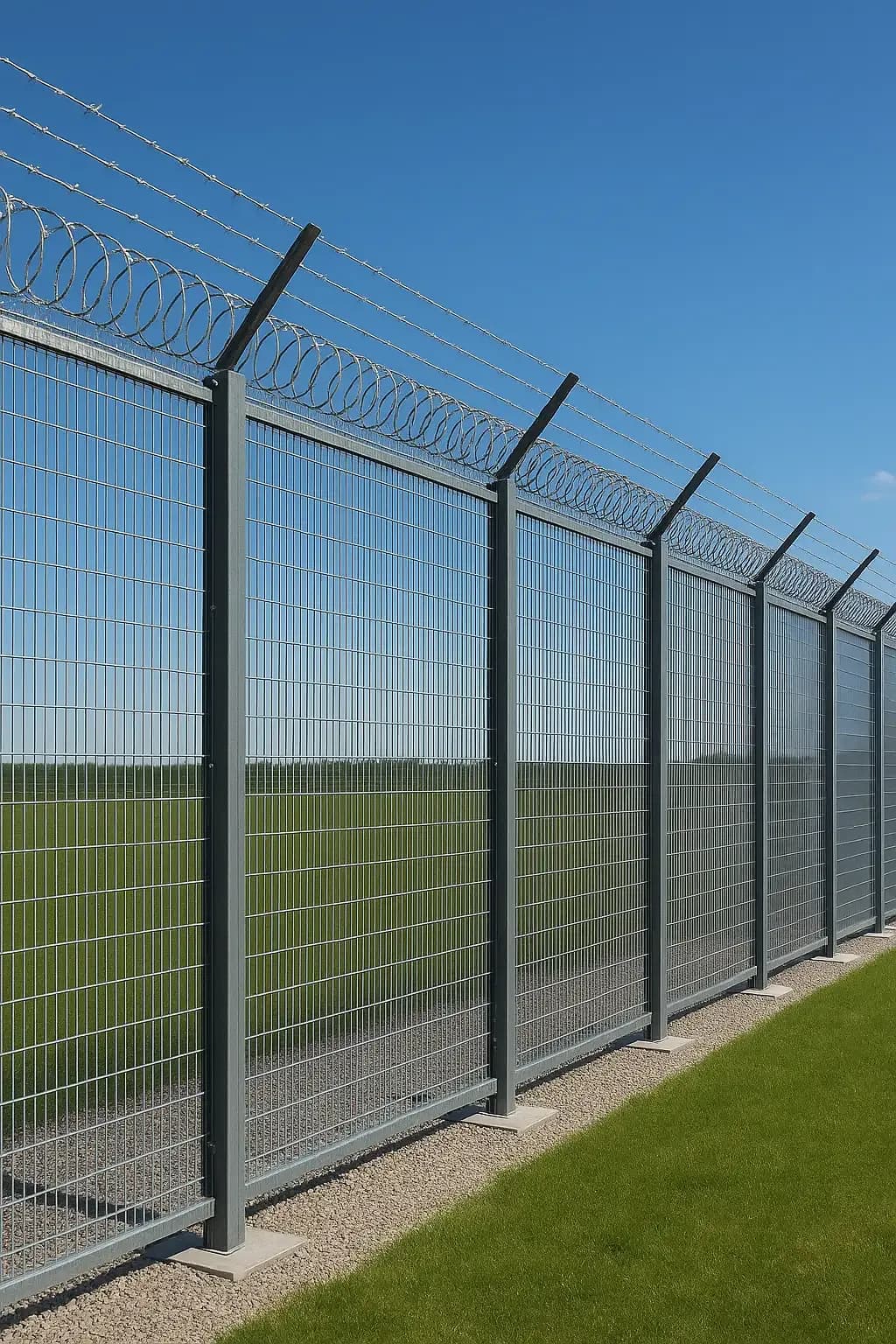 Security fence panels anchored using galvanised steel footings