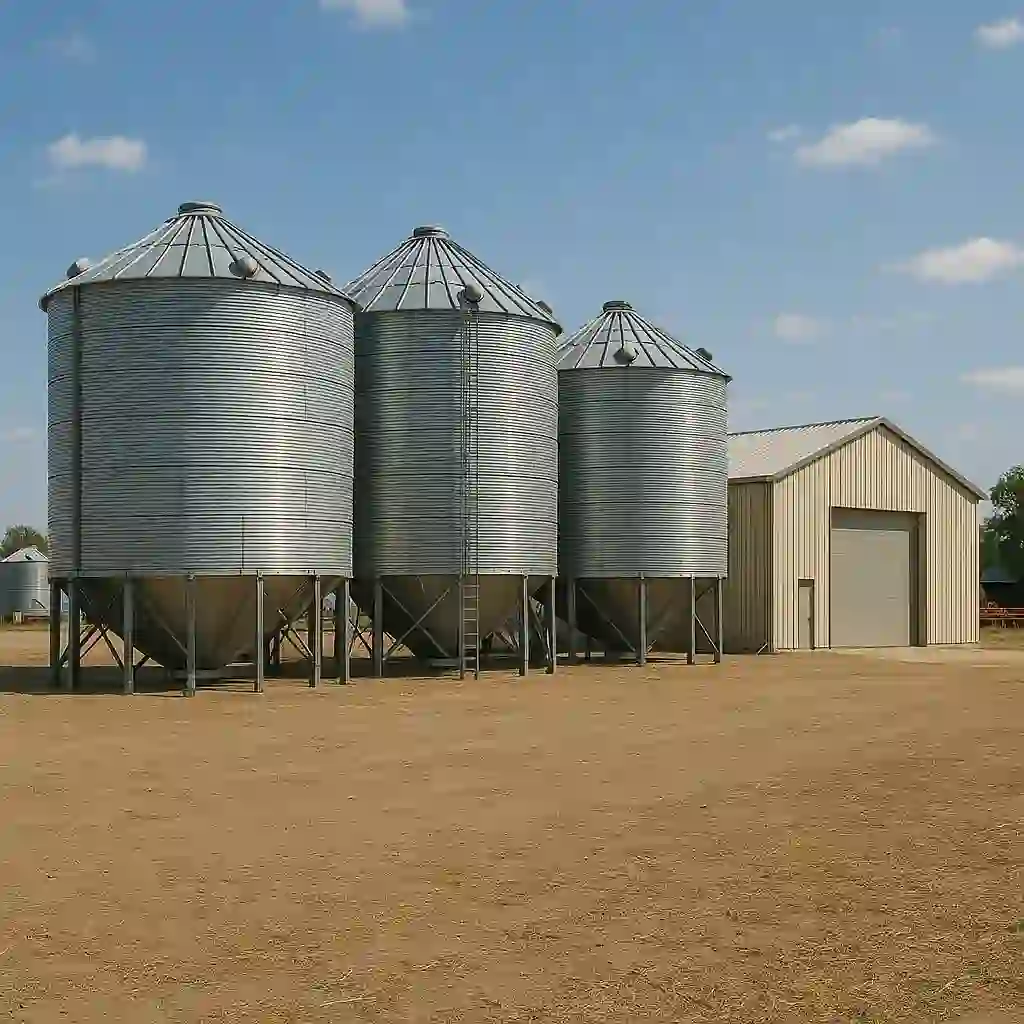 Farm structures supported by steel footing systems on rural land