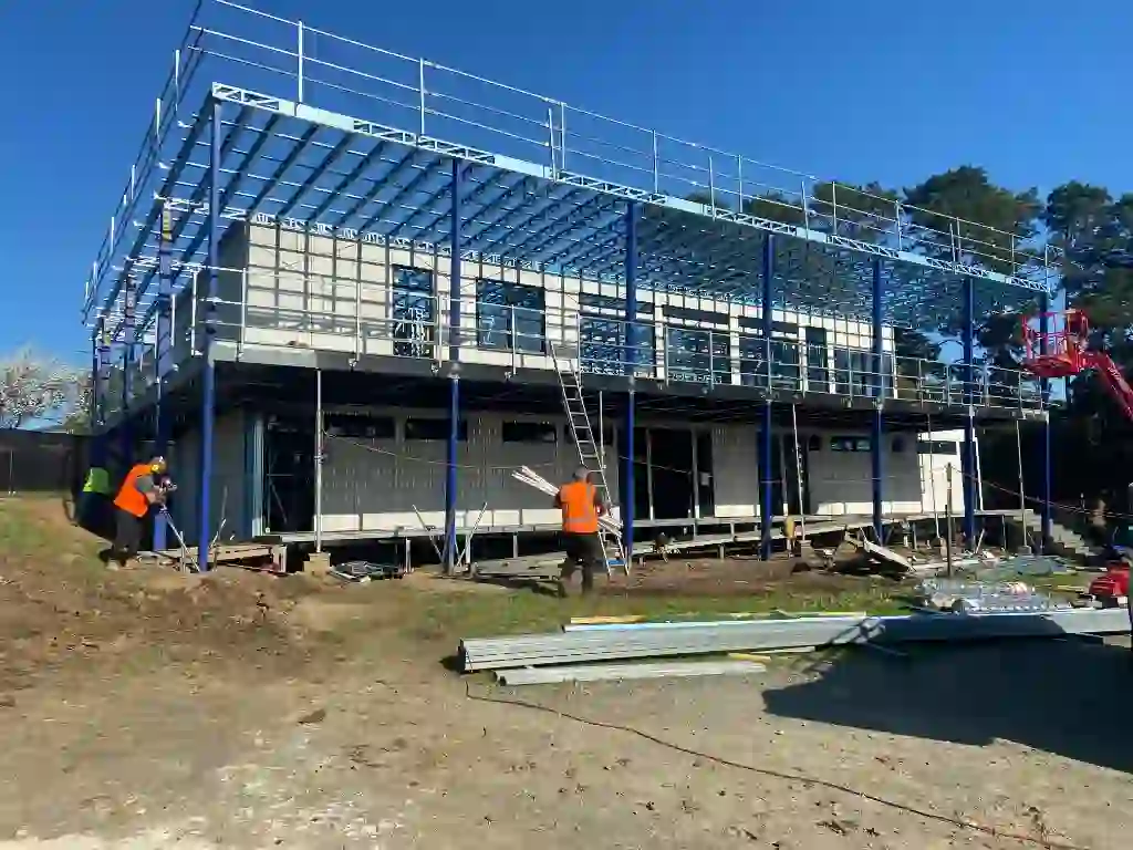 Steel footings in place for a modular home being installed on site