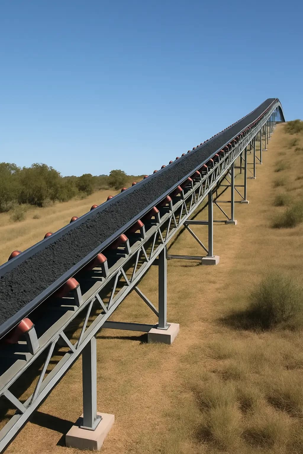 Steel footings supporting an industrial conveyor system