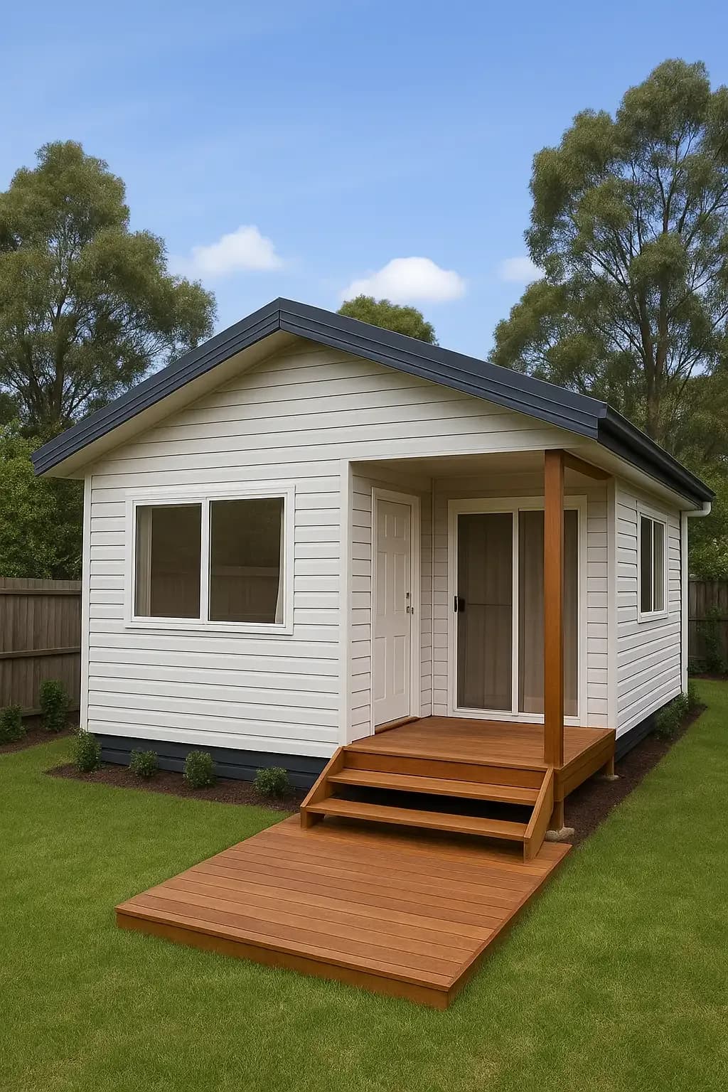 Steel footing base for granny flat foundation in suburban backyard