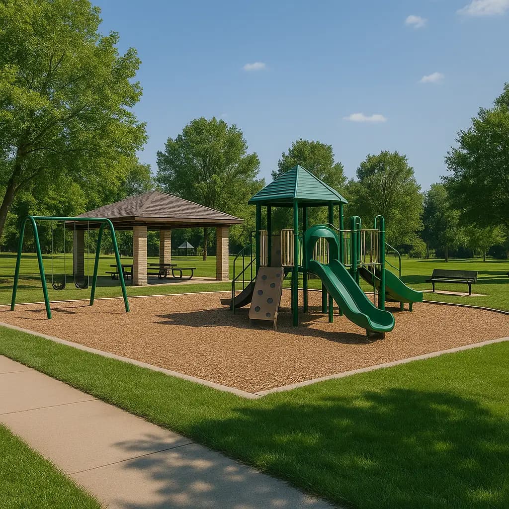 Park and playground structures supported by modular steel footings
