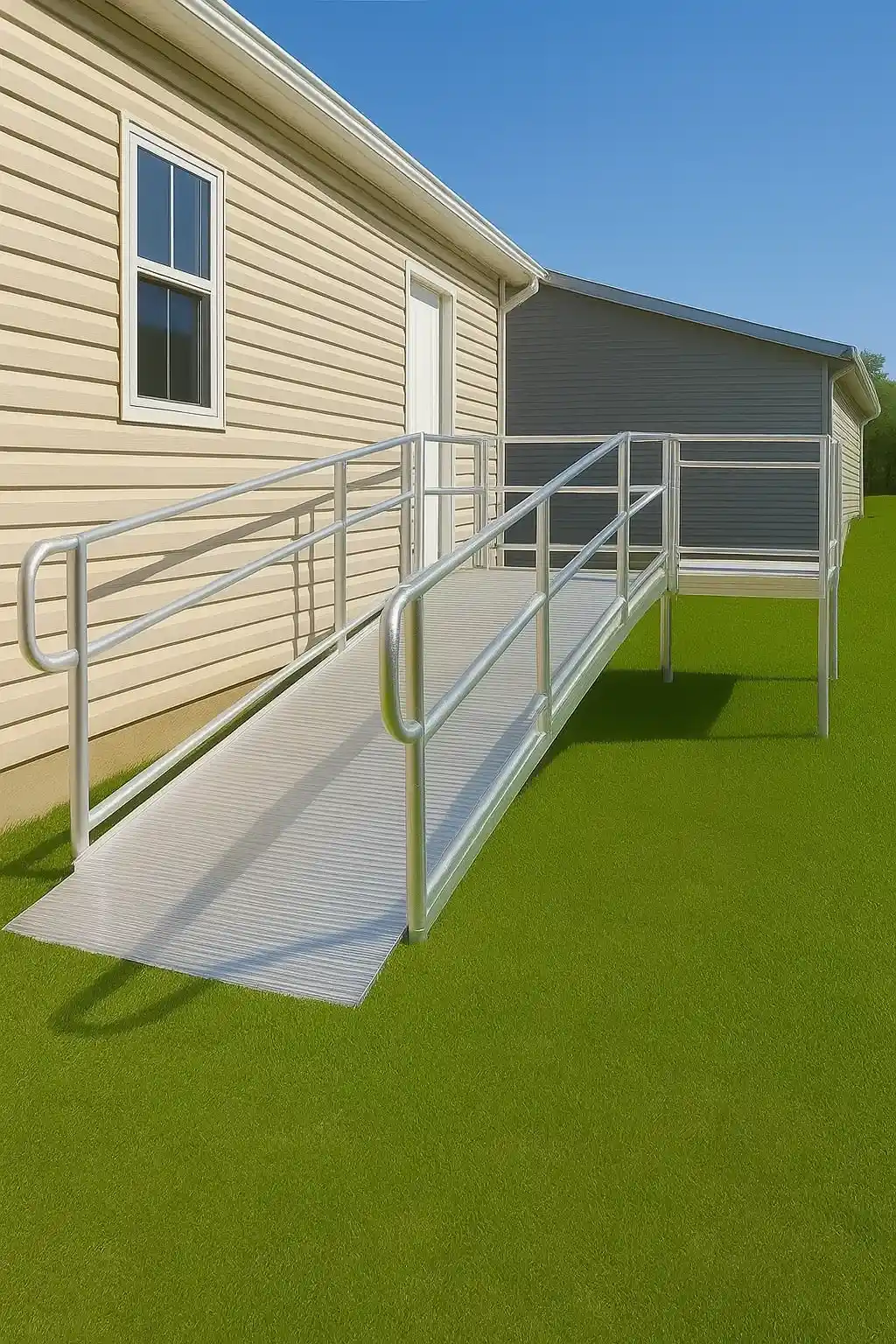 Ramp installed on concrete-free steel footing system